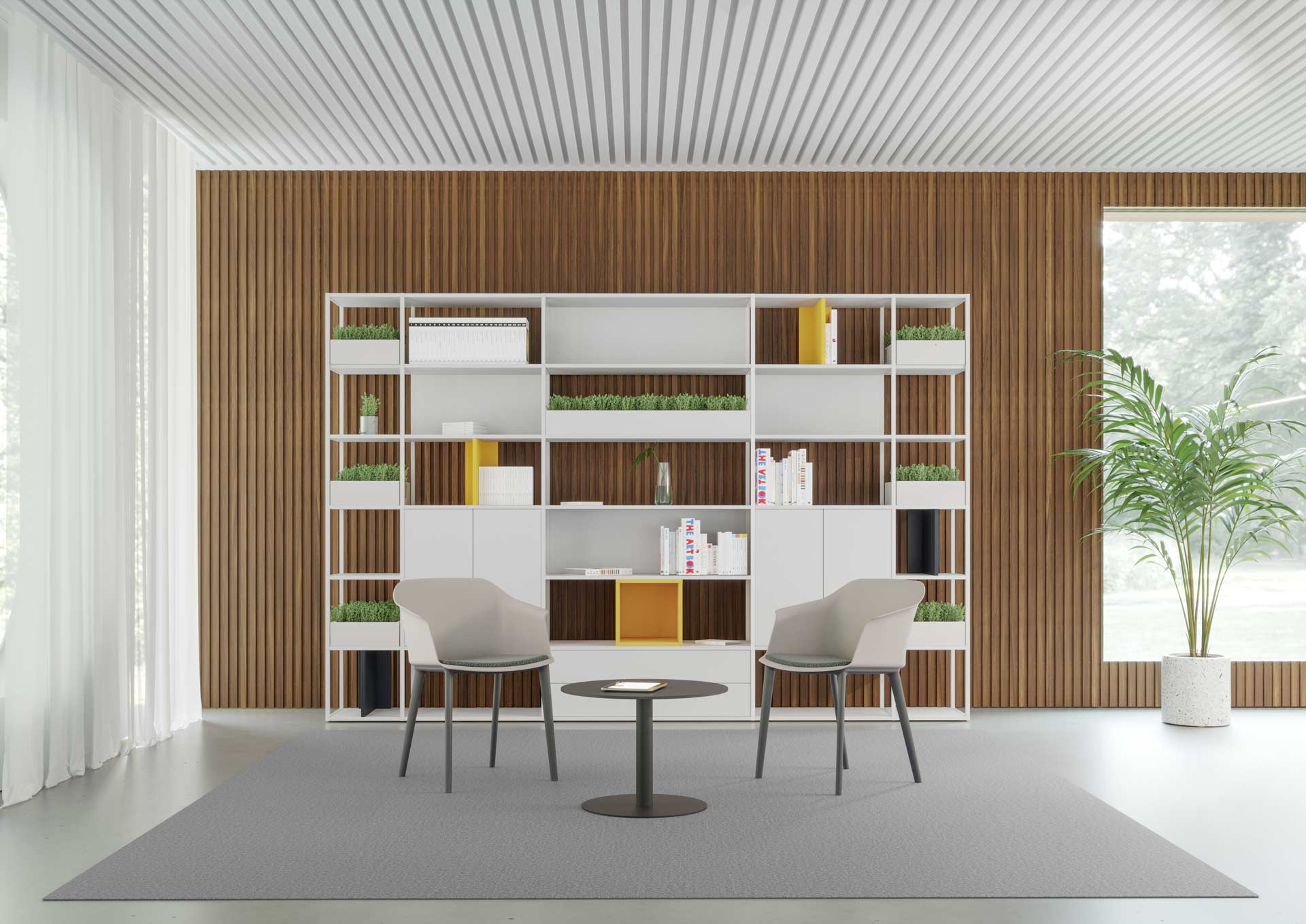 Bibliothèque avec bureau intégré et espaces de rangement. CARRE Spring.  Chêne blanchi avec laqué laguna. 272 x 40 x 236 cm.